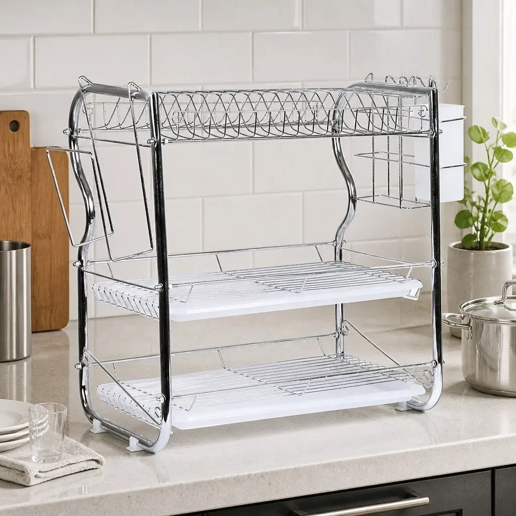 3-Tier Dish Rack Drainer Drying Kitchen Organizer Removable Tray Silver 40.8cm x 24.5cm x 43.5cm