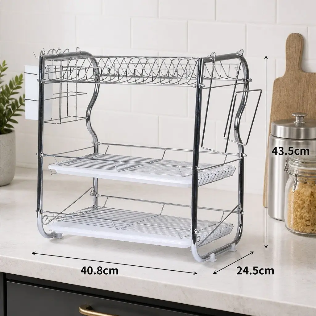 3-Tier Dish Rack Drainer Drying Kitchen Organizer Removable Tray Silver 40.8cm x 24.5cm x 43.5cm