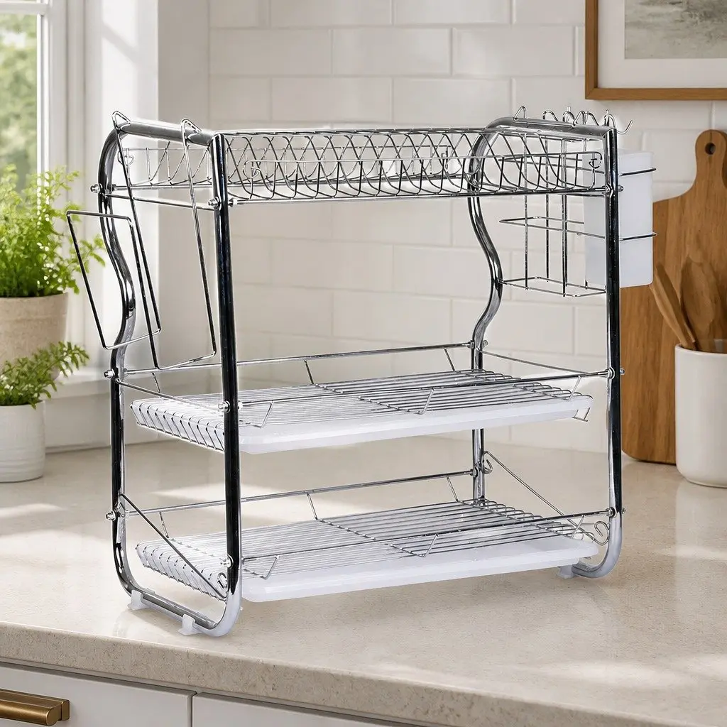 3-Tier Dish Rack Drainer Drying Kitchen Organizer Removable Tray Silver 40.8cm x 24.5cm x 43.5cm