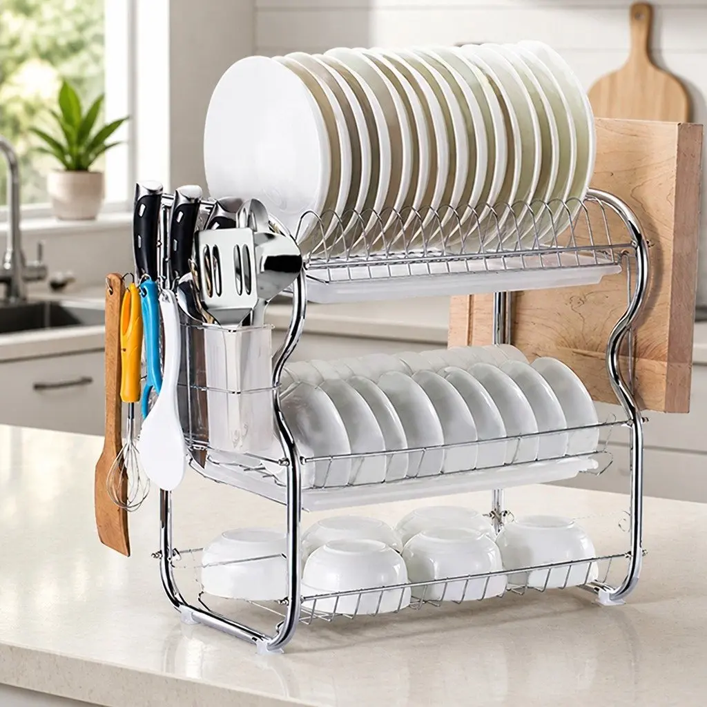 3-Tier Dish Rack Drainer Drying Kitchen Organizer Removable Tray Silver 40.8cm x 24.5cm x 43.5cm