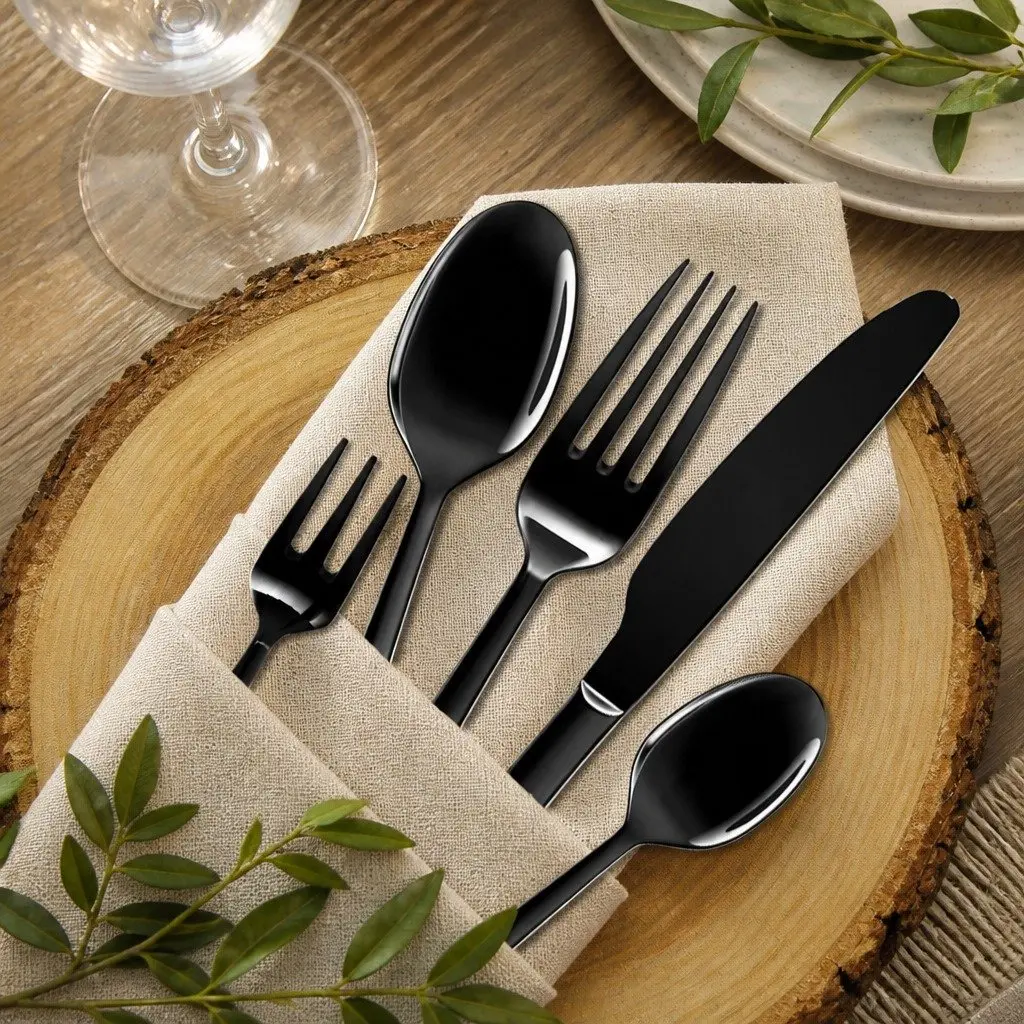 30 Piece Stainless Steel Cutlery Set Black Mirror Polish Dining Flatware Service
