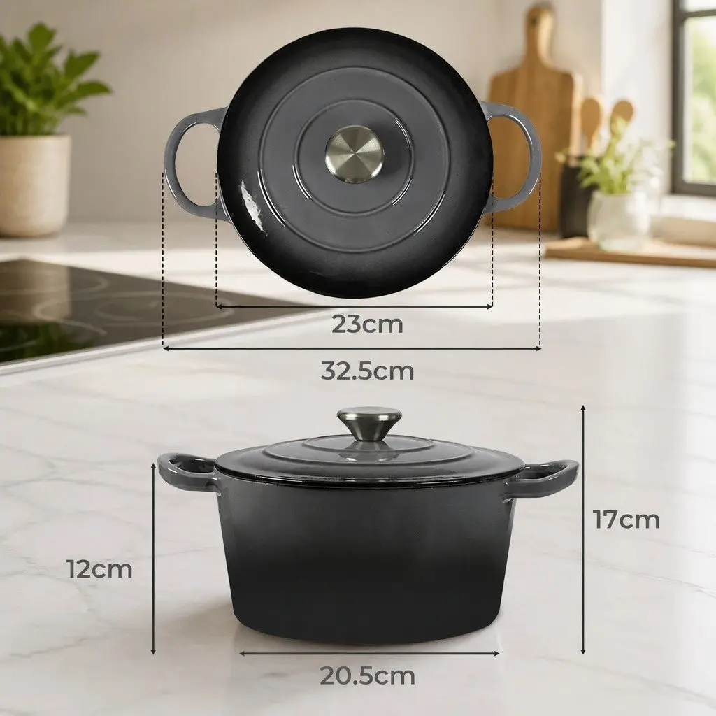 4L Cast Iron Dutch Oven Black Enamel Coating Stovetop Oven Braising Pot Heavy