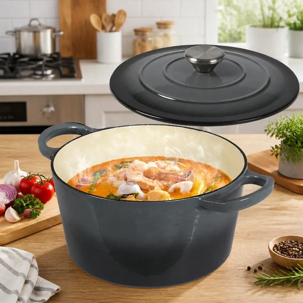 4L Cast Iron Dutch Oven Black Enamel Coating Stovetop Oven Braising Pot Heavy