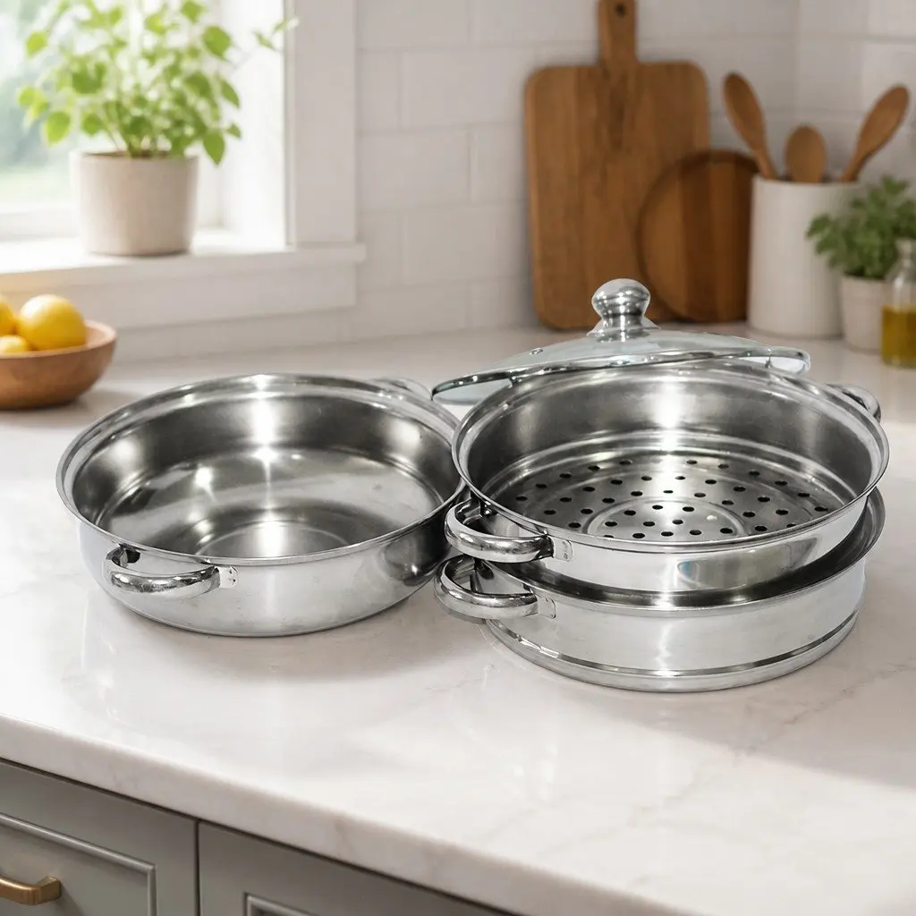 Stainless Steel 3 Layer Steamer Pot Glass Lid 27cm Diameter 22cm Height