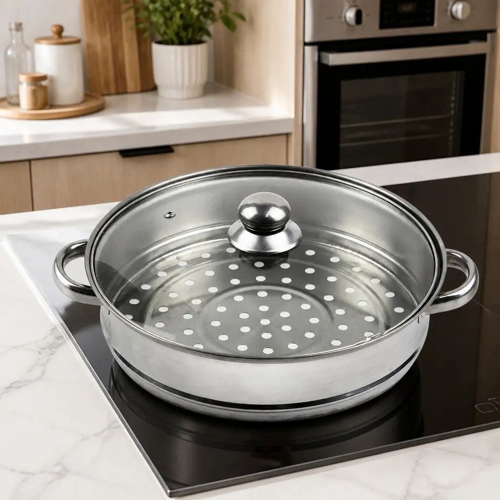 Stainless Steel 3 Layer Steamer Pot Glass Lid 27cm Diameter 22cm Height