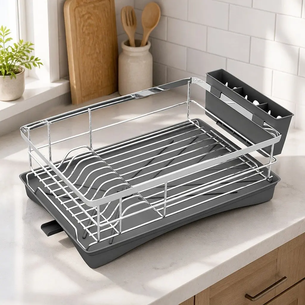 Dish Drying Rack Stainless Steel Single Tier with Integrated Drainboard and Cutlery Holder 49cm x 31cm x 14.5cm
