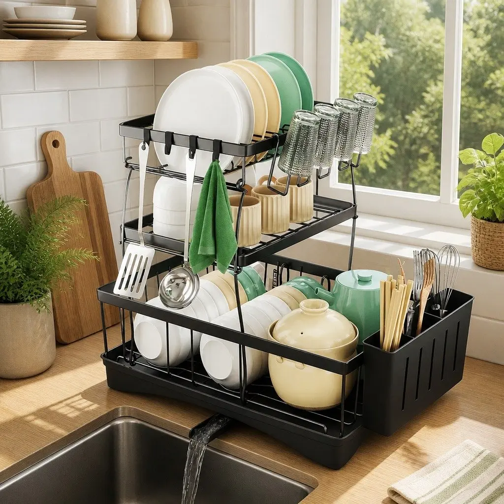3 Tier Dish Drying Rack Plate Drainer Cutlery Holder Cup Organizer Kitchen