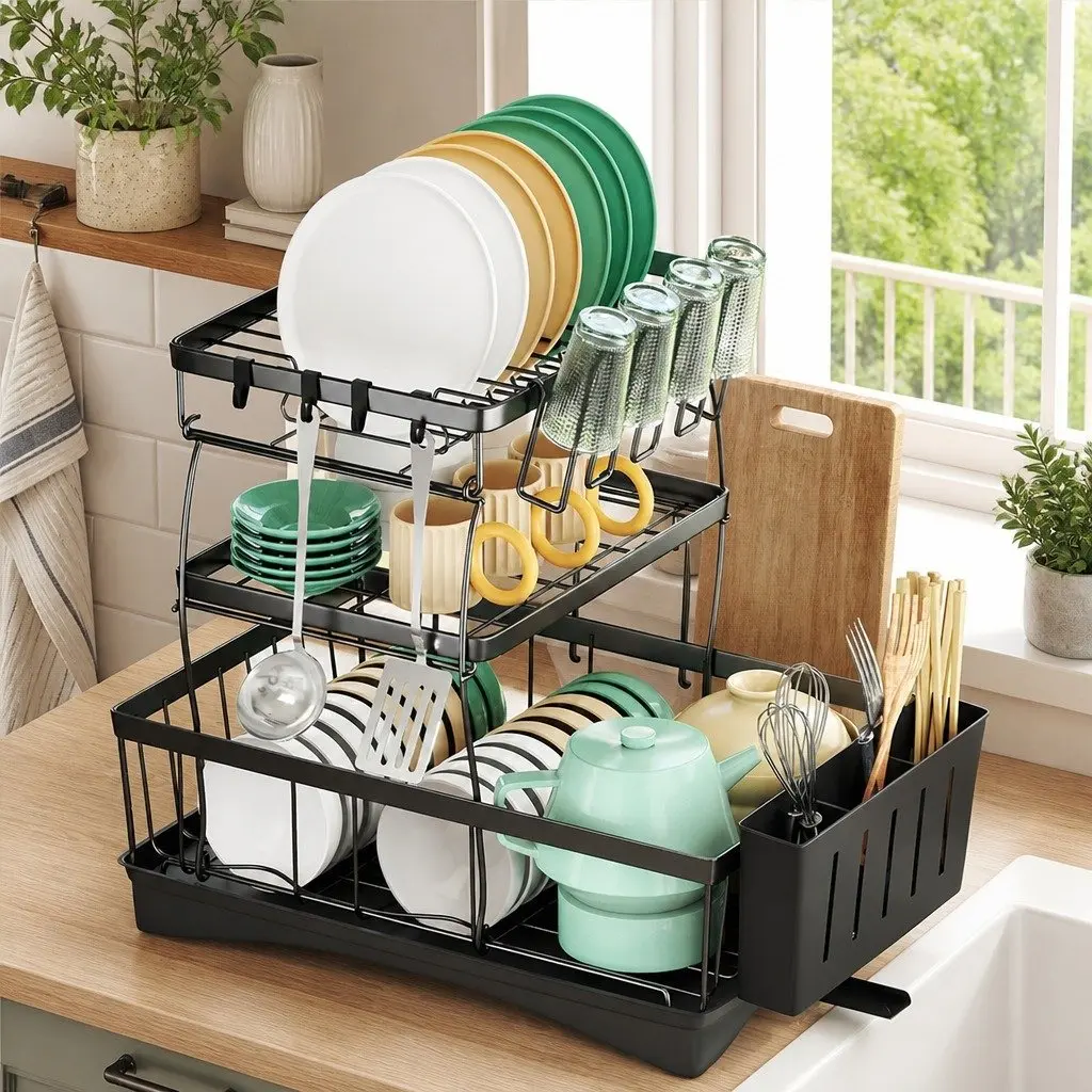 3 Tier Dish Drying Rack Plate Drainer Cutlery Holder Cup Organizer Kitchen
