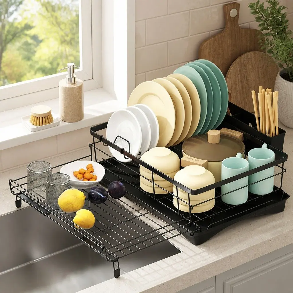 Expandable Dish Drying Rack Space Saving Adjustable Width 42cm to 54cm