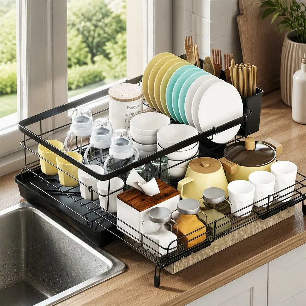 Expandable Dish Drying Rack Space Saving Adjustable Width 42cm to 54cm