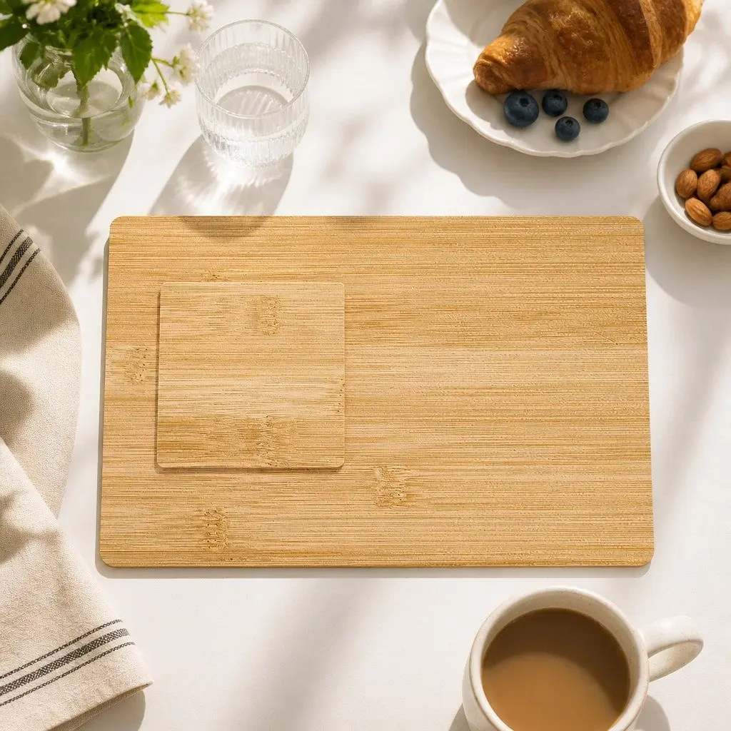 Bamboo Placemat Coaster Set Natural Heat Resistant Waterproof 8 Piece