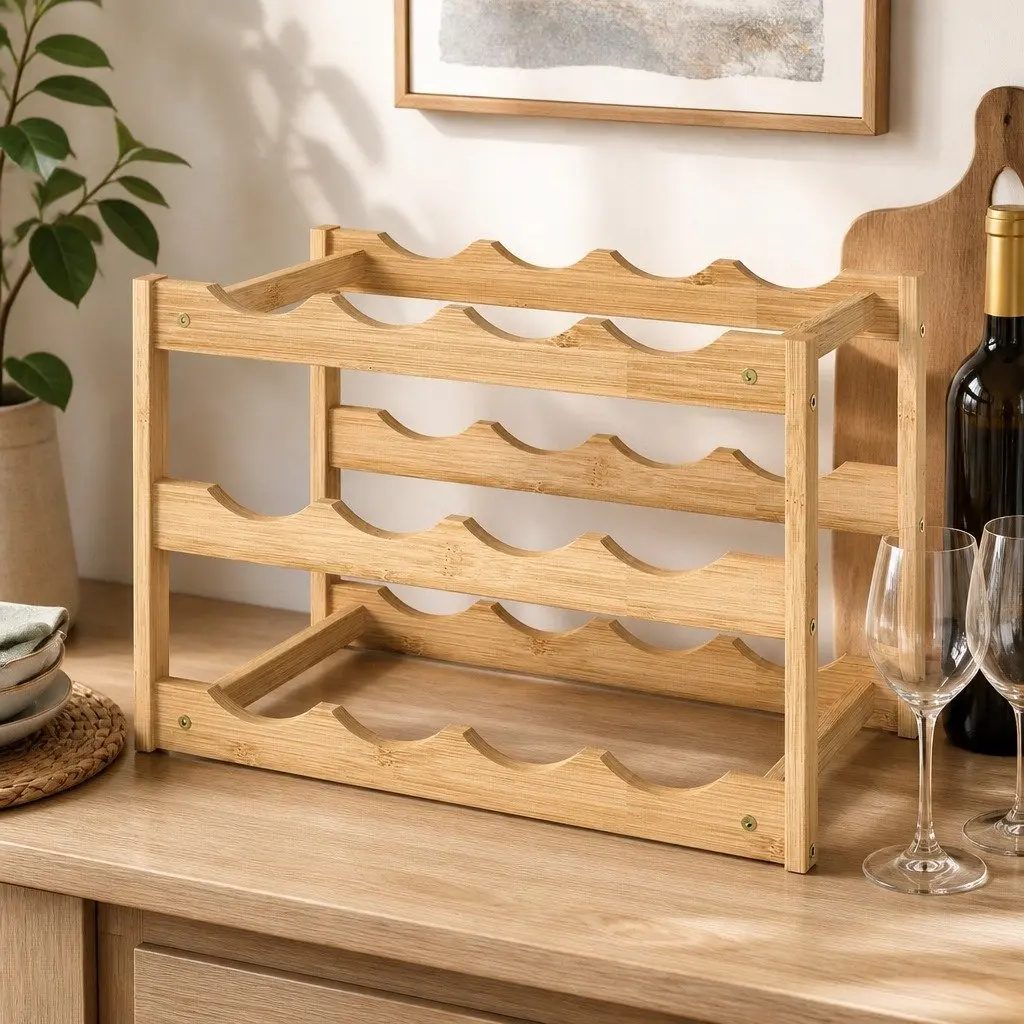 Bamboo Wine Rack 3-Tier 12 Bottle Organizer Storage Holder Display