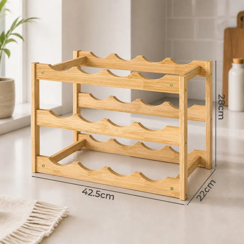 Bamboo Wine Rack 3-Tier 12 Bottle Organizer Storage Holder Display