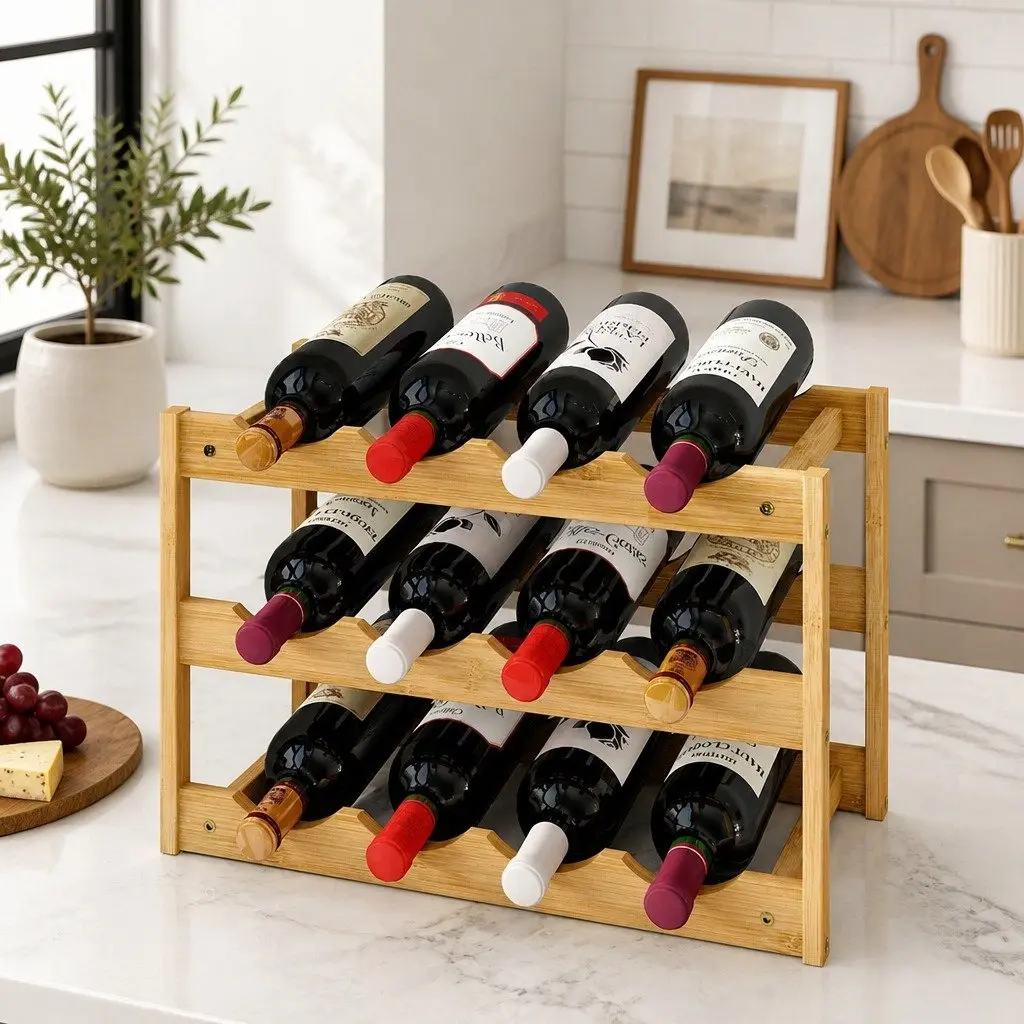 Bamboo Wine Rack 3-Tier 12 Bottle Organizer Storage Holder Display