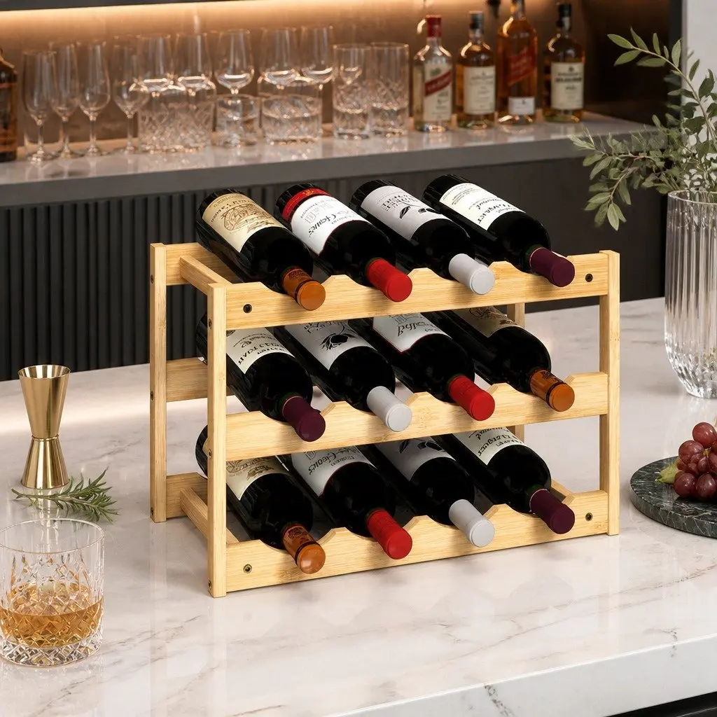 Bamboo Wine Rack 3-Tier 12 Bottle Organizer Storage Holder Display