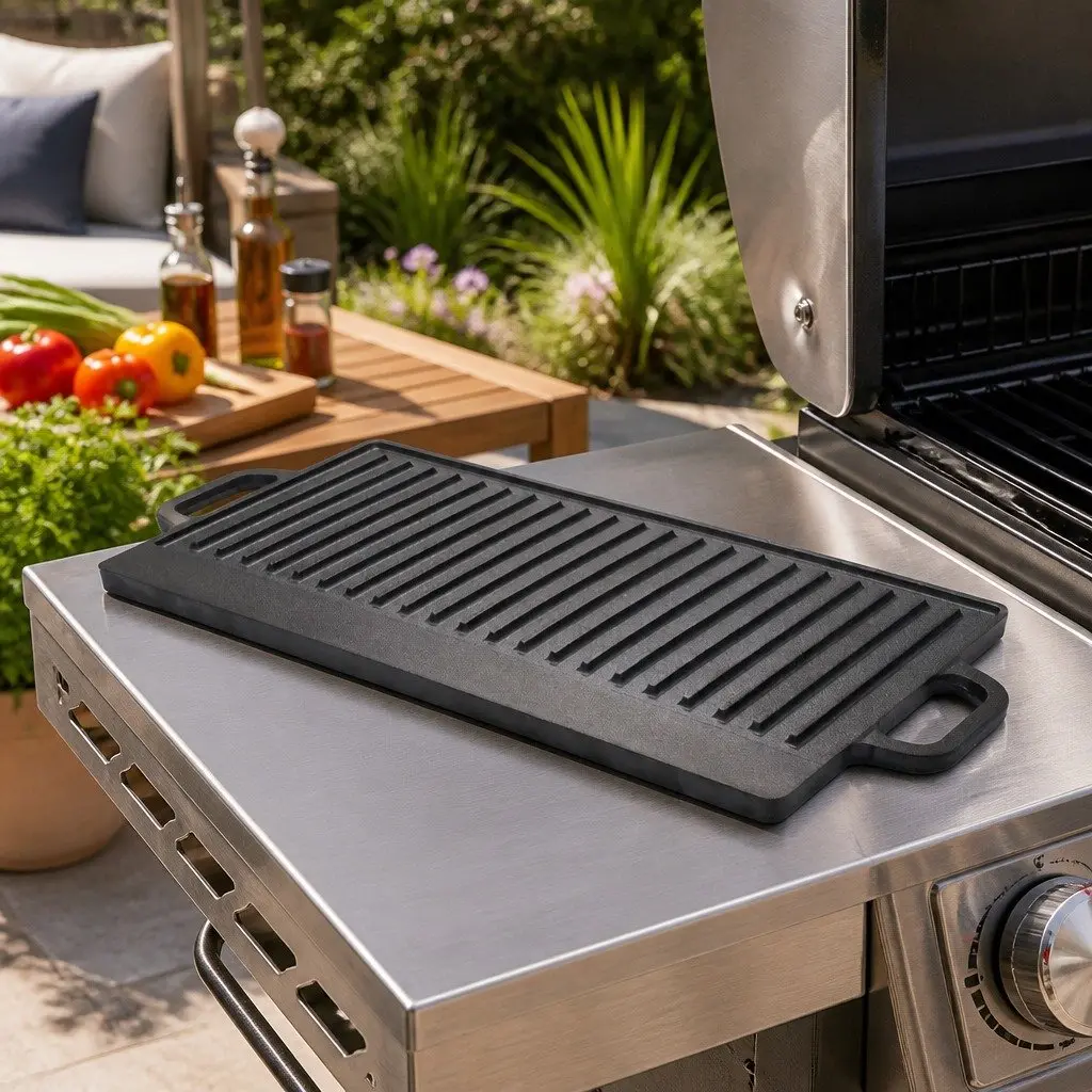 Cast Iron Reversible Griddle Pan Smooth and Ribbed Grill 49.5cm