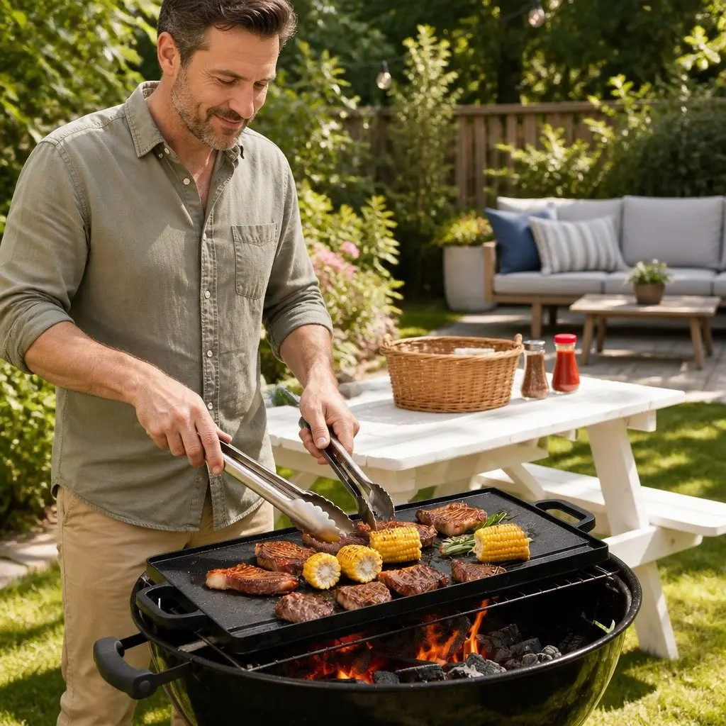 Cast Iron Reversible Griddle Pan Smooth and Ribbed Grill 49.5cm