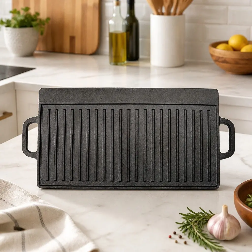 Cast Iron Reversible Griddle Pan Smooth and Ribbed Grill 49.5cm