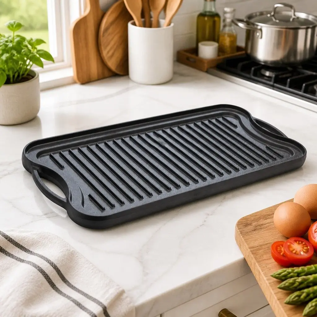 Cast Iron Griddle Pan Reversible Dual-Sided 50.5cm Non-Stick Frying Skillet