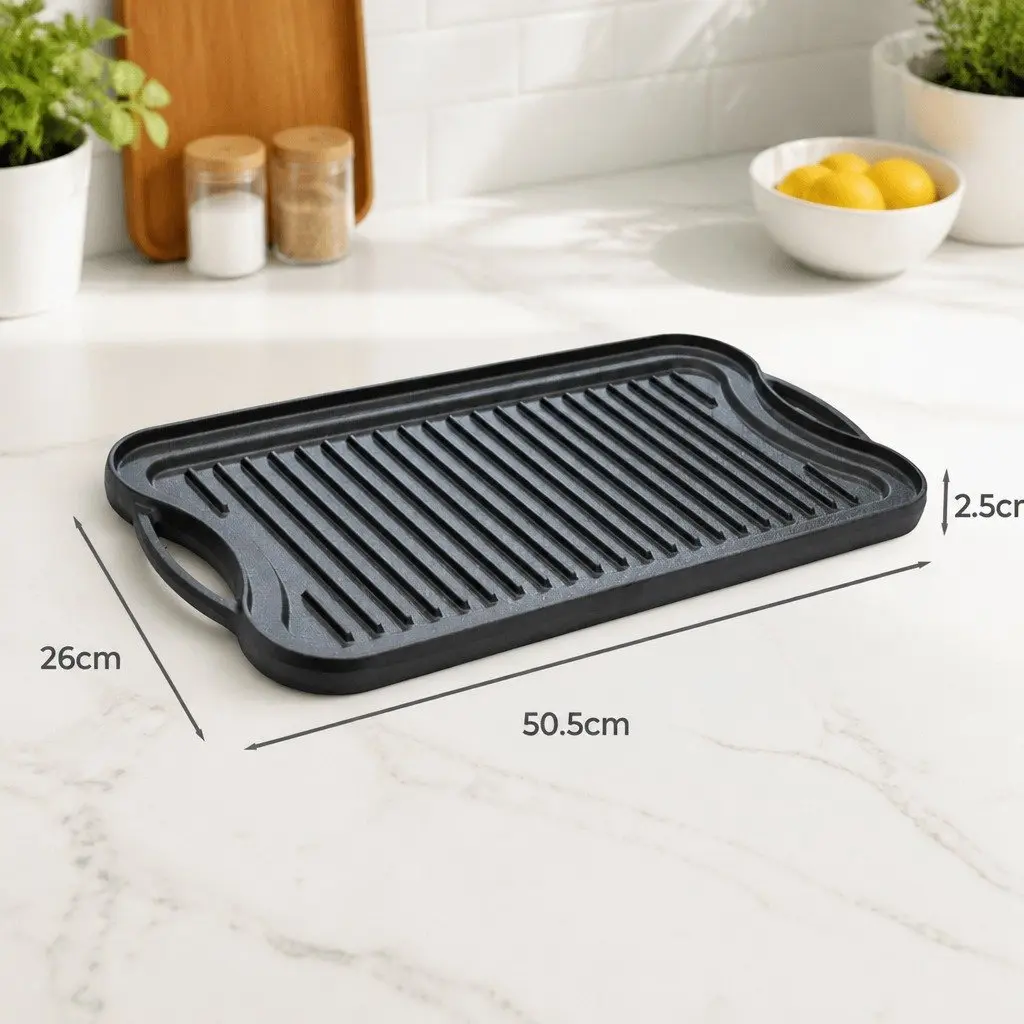 Cast Iron Griddle Pan Reversible Dual-Sided 50.5cm Non-Stick Frying Skillet