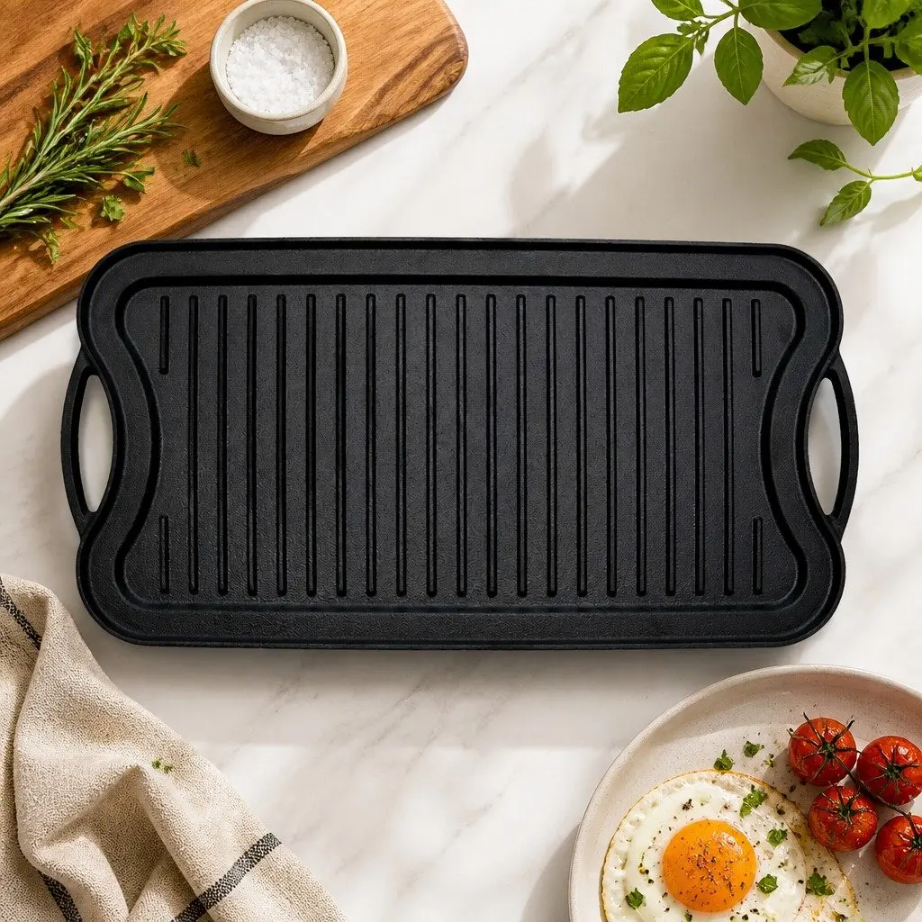 Cast Iron Griddle Pan Reversible Dual-Sided 50.5cm Non-Stick Frying Skillet