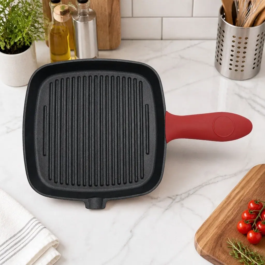 Cast Iron Square Grill Pan Heavy Duty Pre-Seasoned 23.5 cm