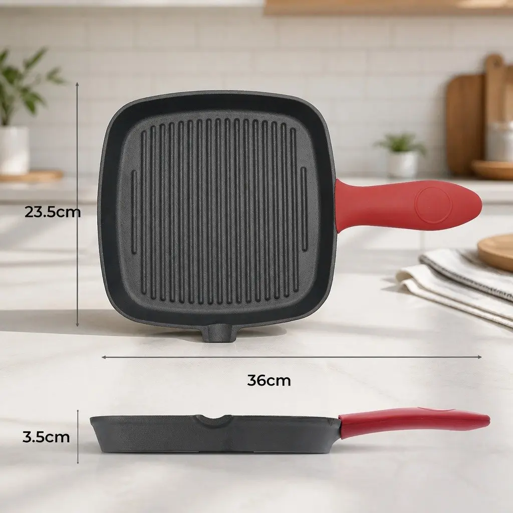 Cast Iron Square Grill Pan Heavy Duty Pre-Seasoned 23.5 cm