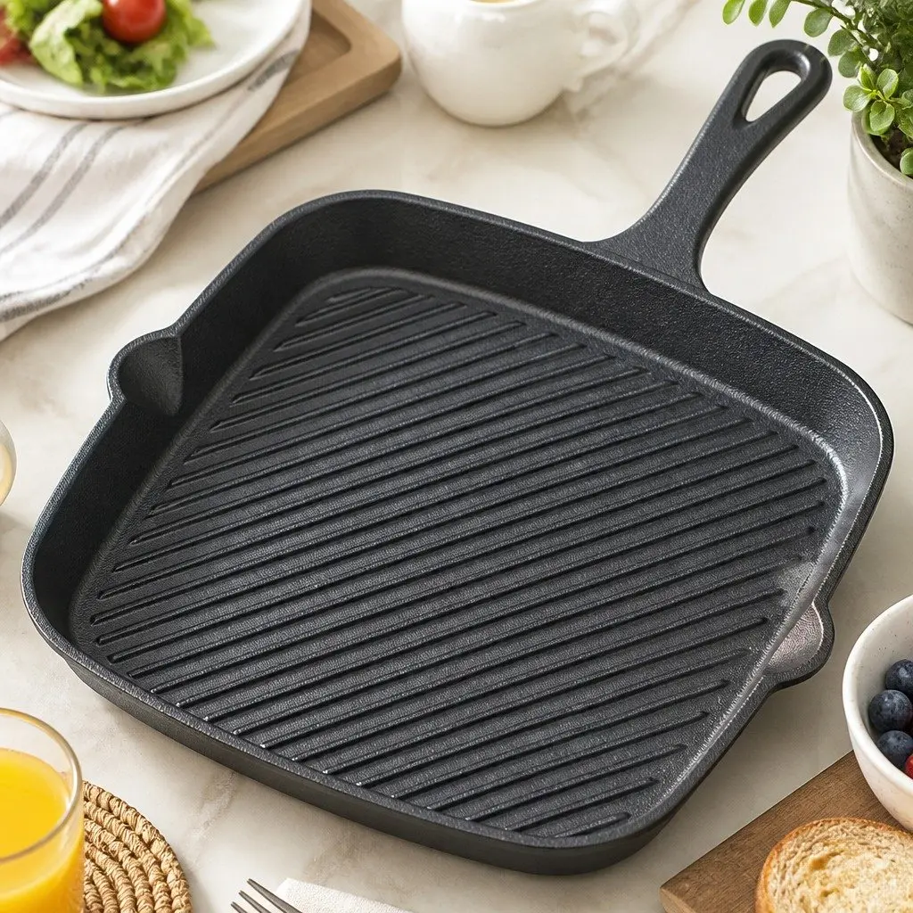 Cast Iron Square Grill Pan Heavy Duty Pre-Seasoned 23.5 cm