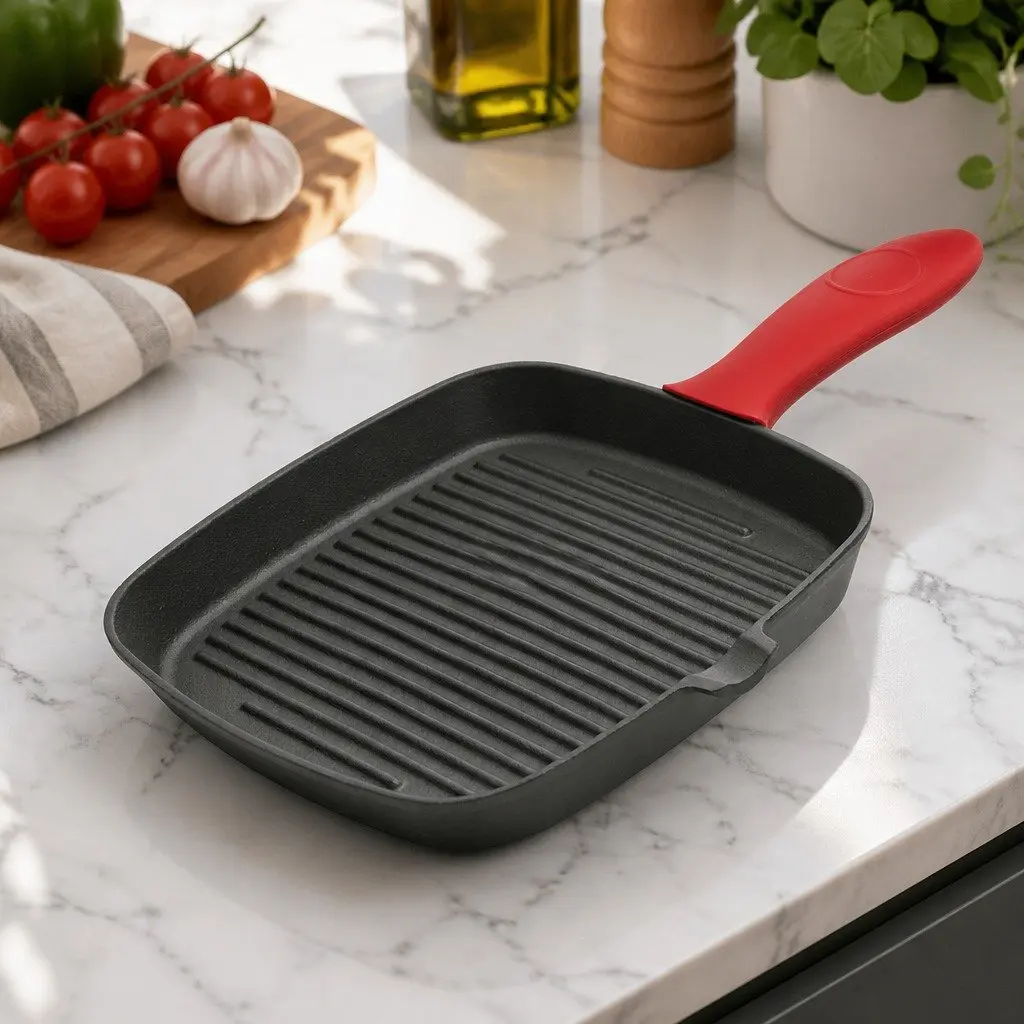 Cast Iron Square Grill Pan Heavy Duty Pre-Seasoned 23.5 cm