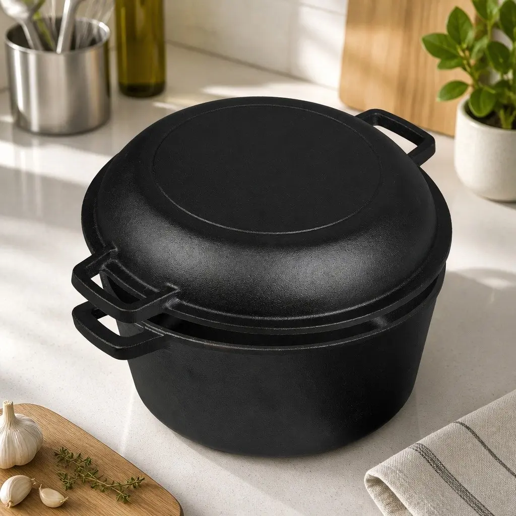 Cast Iron Double Dutch Oven 5.84L 2-in-1 Shallow Pan Deep Pot Cooking Set