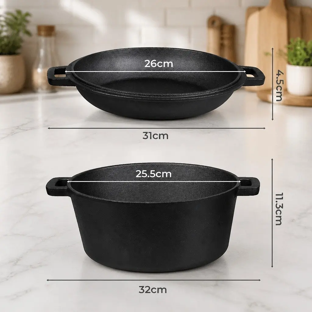 Cast Iron Double Dutch Oven 5.84L 2-in-1 Shallow Pan Deep Pot Cooking Set