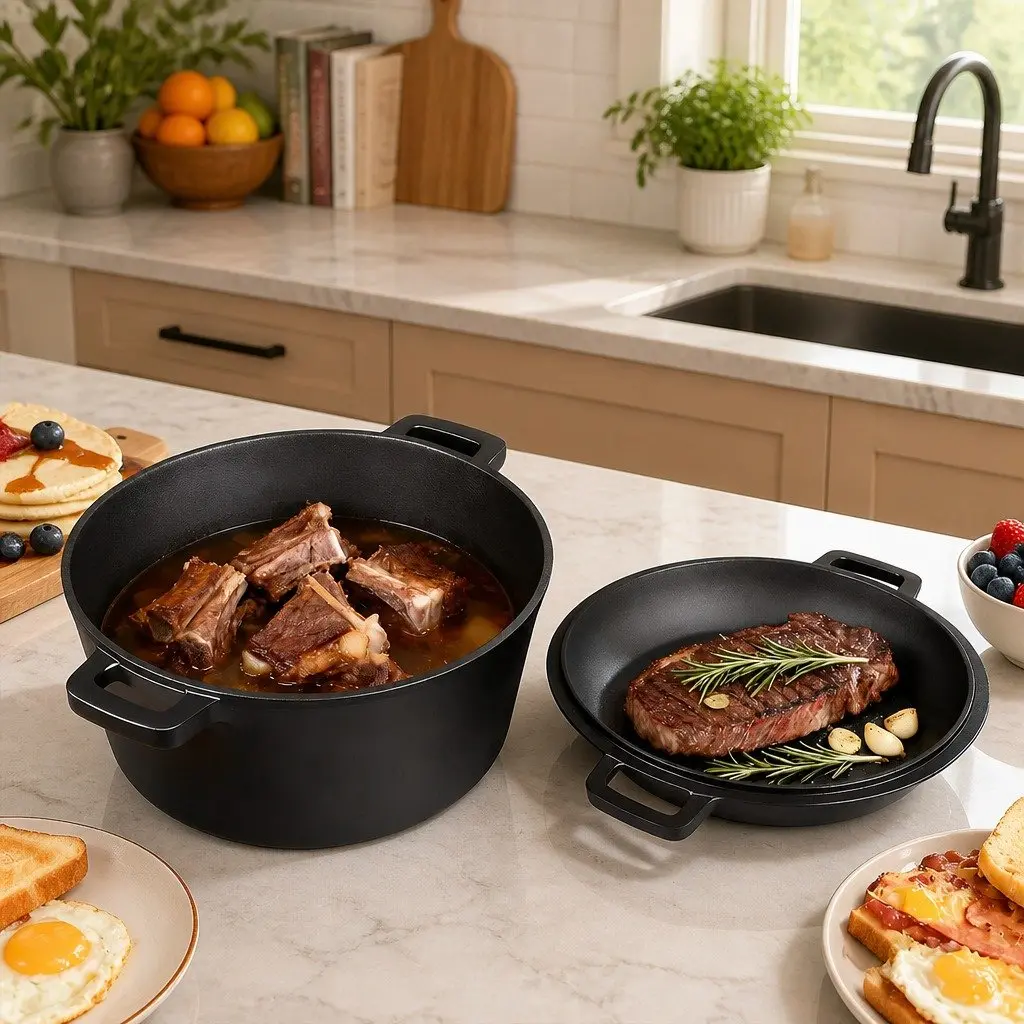 Cast Iron Double Dutch Oven 5.84L 2-in-1 Shallow Pan Deep Pot Cooking Set
