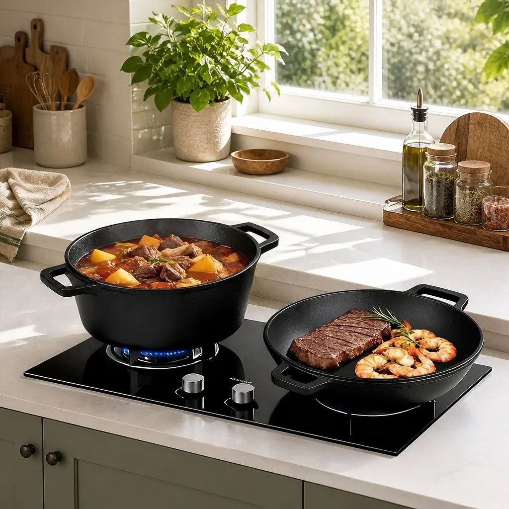 Cast Iron Double Dutch Oven 5.84L 2-in-1 Shallow Pan Deep Pot Cooking Set