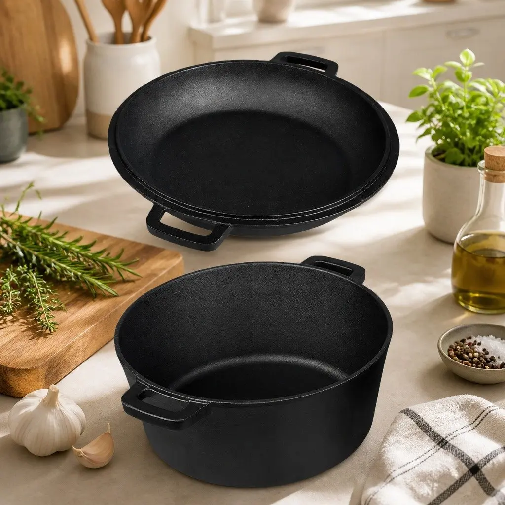 Cast Iron Double Dutch Oven 5.84L 2-in-1 Shallow Pan Deep Pot Cooking Set