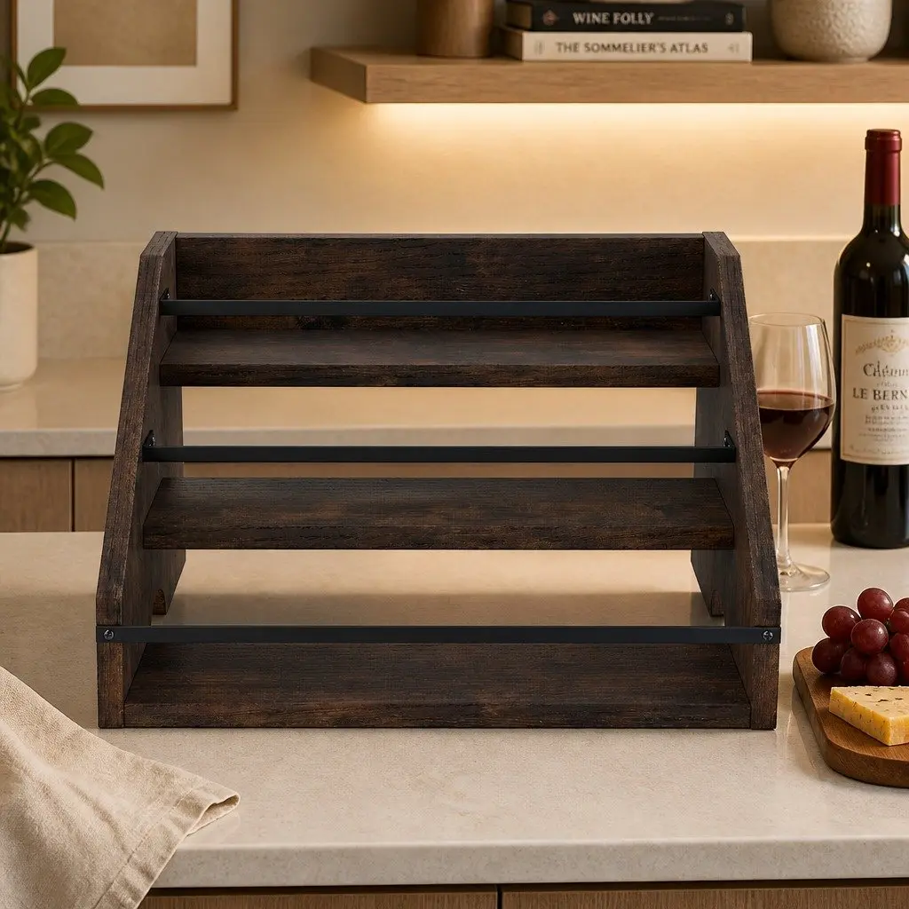 Three-Tier Vintage Wine Rack Countertop Display Organiser Brown and Black Kitchen Bar