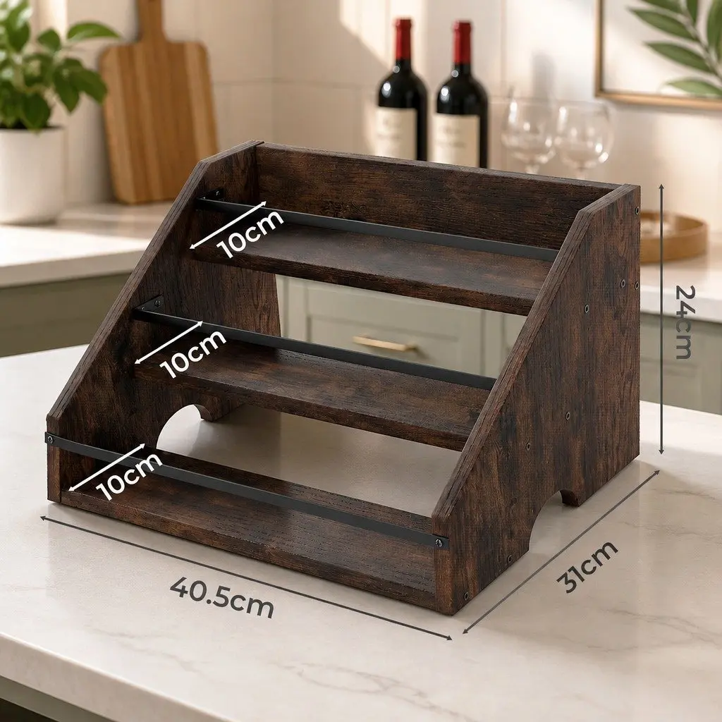 Three-Tier Vintage Wine Rack Countertop Display Organiser Brown and Black Kitchen Bar