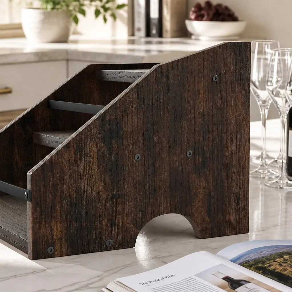 Three-Tier Vintage Wine Rack Countertop Display Organiser Brown and Black Kitchen Bar