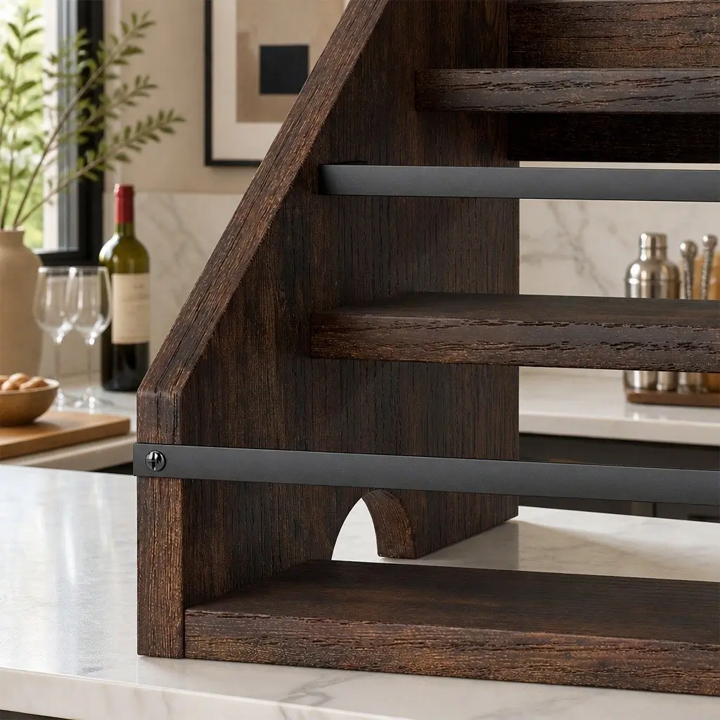 Three-Tier Vintage Wine Rack Countertop Display Organiser Brown and Black Kitchen Bar