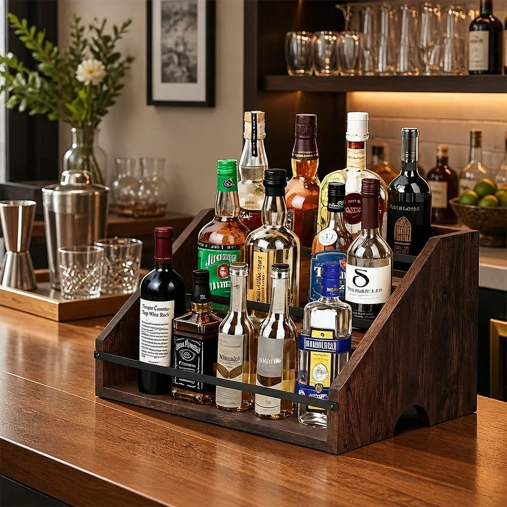 Three-Tier Vintage Wine Rack Countertop Display Organiser Brown and Black Kitchen Bar