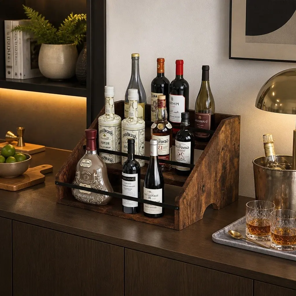 Three-Tier Vintage Wine Rack Countertop Display Organiser Brown and Black Kitchen Bar