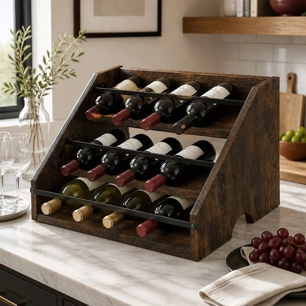 Three-Tier Vintage Wine Rack Countertop Display Organiser Brown and Black Kitchen Bar