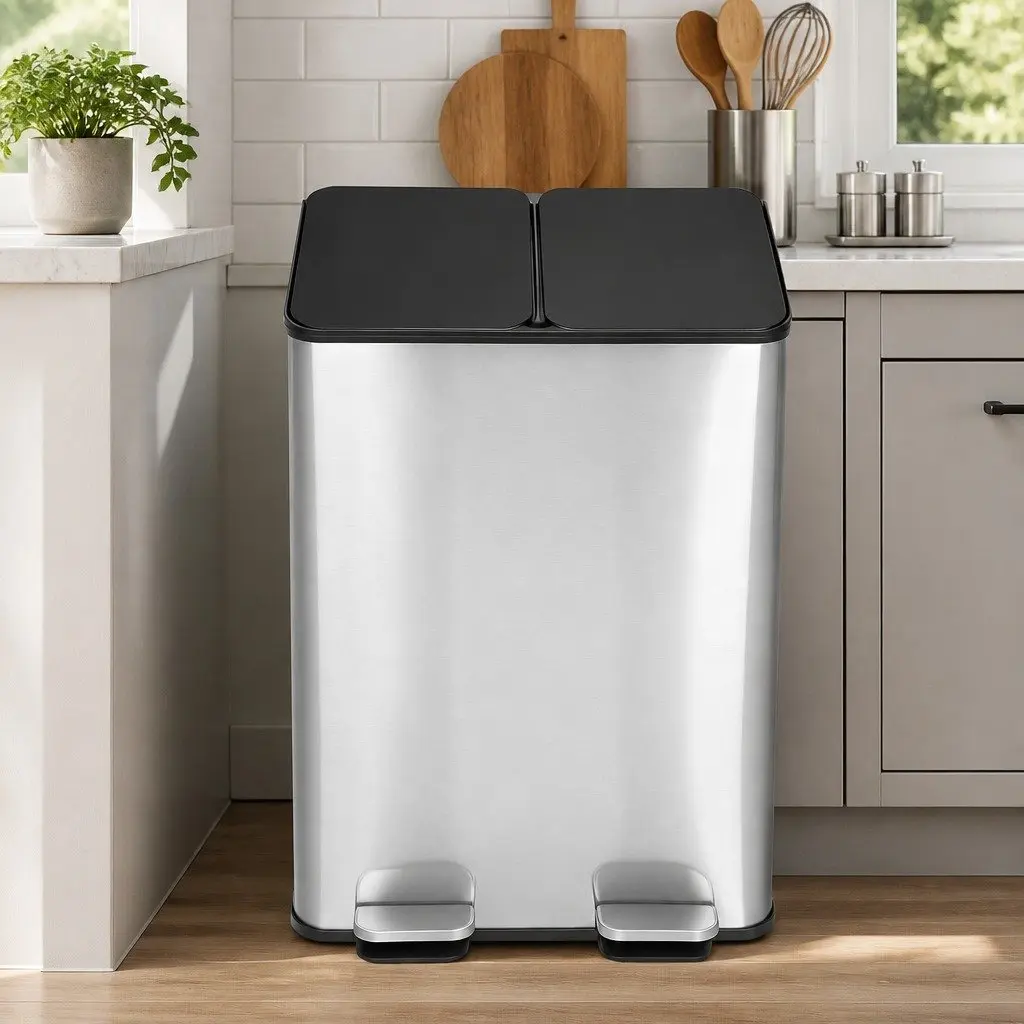 60L Dual Compartment Pedal Bin Stainless Steel Kitchen Waste Recycling Dustbin