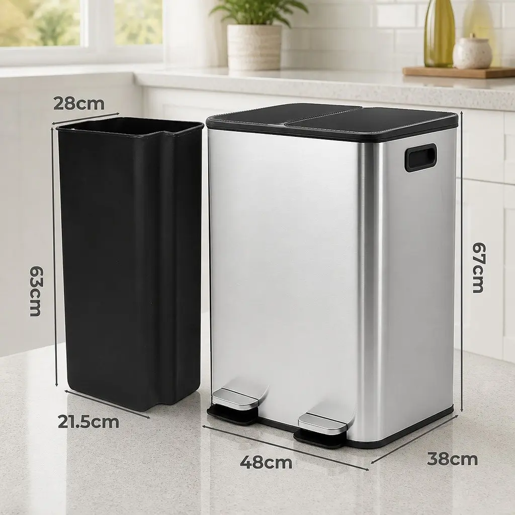 60L Dual Compartment Pedal Bin Stainless Steel Kitchen Waste Recycling Dustbin