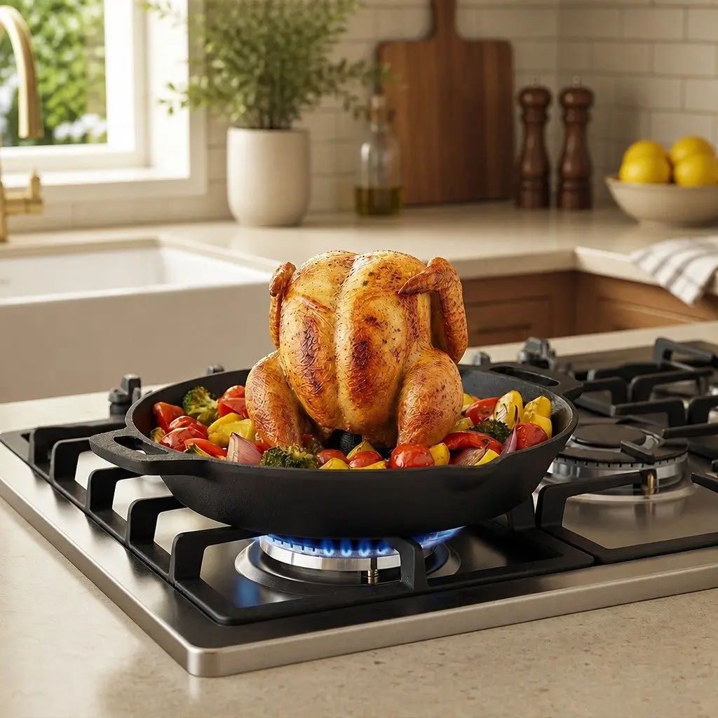 Cast Iron Roaster Stand Dutch Oven Pan 26.5cm Heavy-Duty Pre-Seasoned Non-Stick Cooking Surface