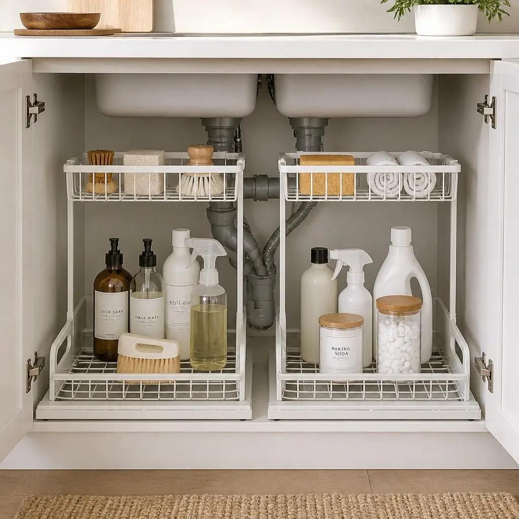 Under Sink Storage Rack 2-Tier Sliding Organiser White 36cm L x 27cm W x 28.5cm H