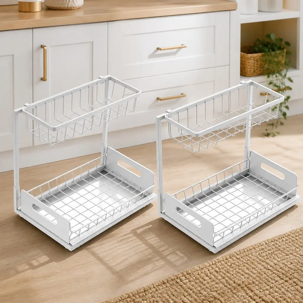 Under Sink Storage Rack 2-Tier Sliding Organiser White 36cm L x 27cm W x 28.5cm H