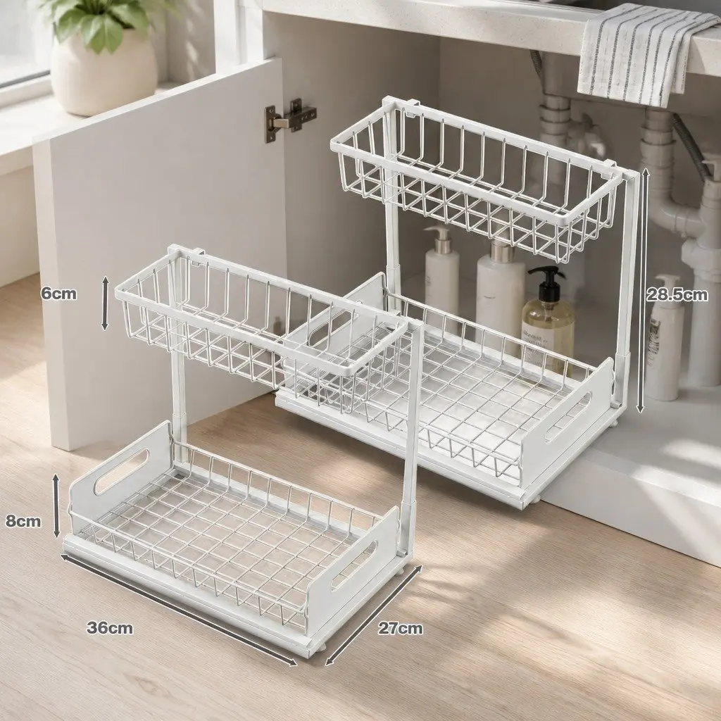 Under Sink Storage Rack 2-Tier Sliding Organiser White 36cm L x 27cm W x 28.5cm H