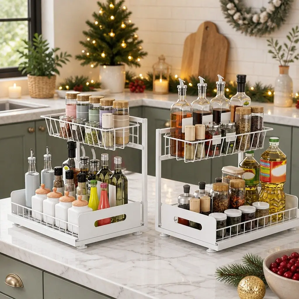 Under Sink Storage Rack 2-Tier Sliding Organiser White 36cm L x 27cm W x 28.5cm H