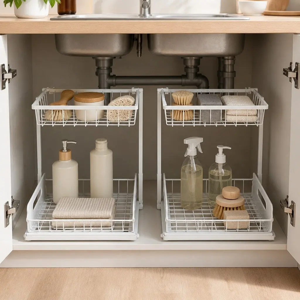 Under Sink Storage Rack 2-Tier Sliding Organiser White 36cm L x 27cm W x 28.5cm H