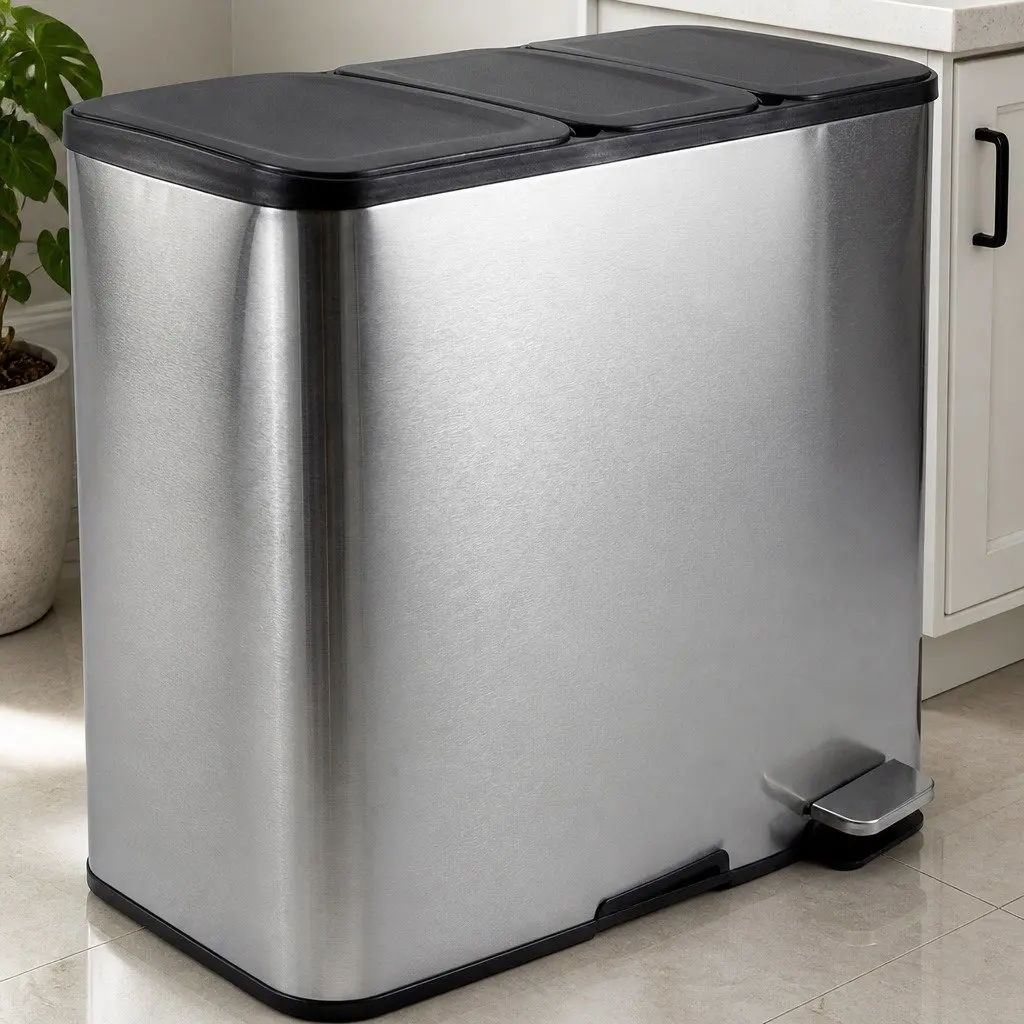 3 Compartment Pedal Rubbish Bin Kitchen Trash Can 54L Waste Sorting Recycling